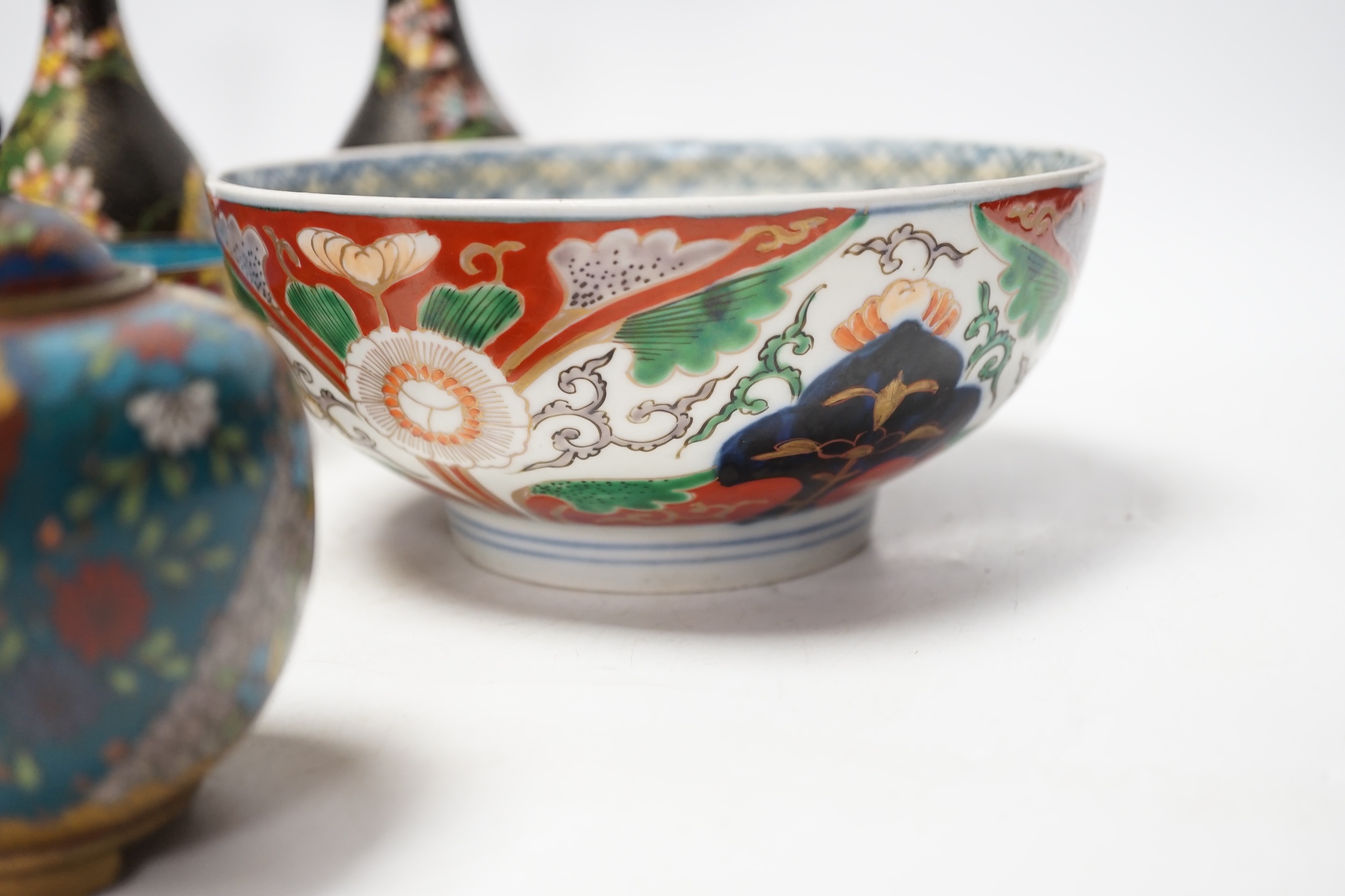 A Japanese Arita bowl and a quantity of Japanese and Chinese cloisonné enamel wares, tallest 17cm. Condition - fair